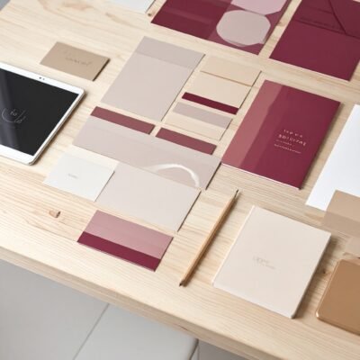 Un carnet ouvert illustrant l'identité visuelle et le branding