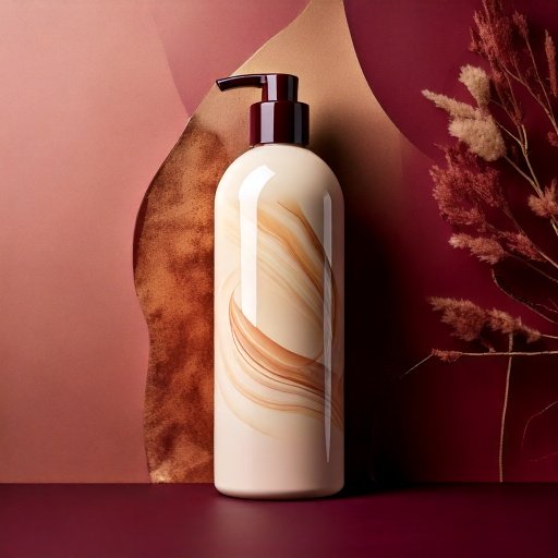 Firefly Bouteille de shampoing, étiquette graphique dans les couleurs beige et bordeaux. Fond épuré, (2)
