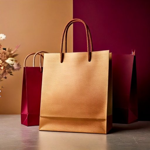 Firefly sac en papier shopping, étiquette graphique dans les couleurs beige et bordeaux. Fond épuré,